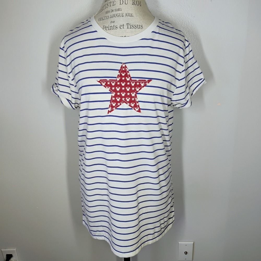 Disney Parks Nautical Minnie Star Top Womens XL White Blue Red Stripes Casual